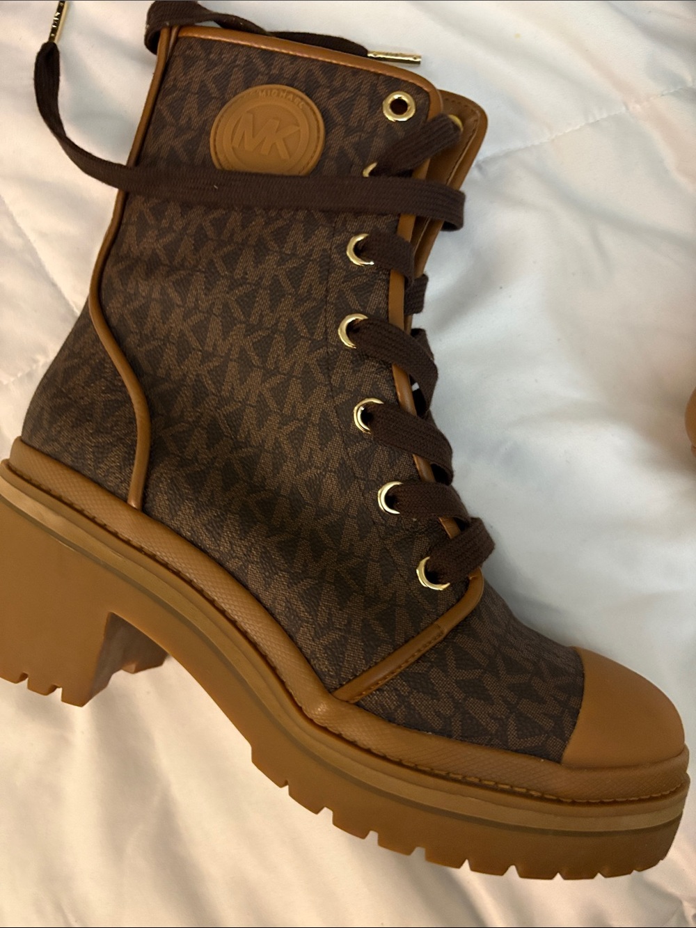 Michael Kors Brown Monogram Satchel and Lace-Up Heeled Boots - Picture 6 of 12
